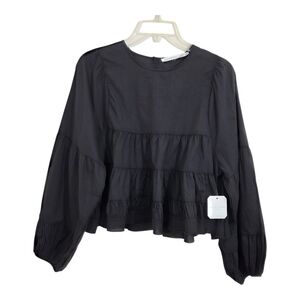 NWT Altar'd State Tiered Babydoll Long Sleeve Blouse Top Charcoal Grey XS